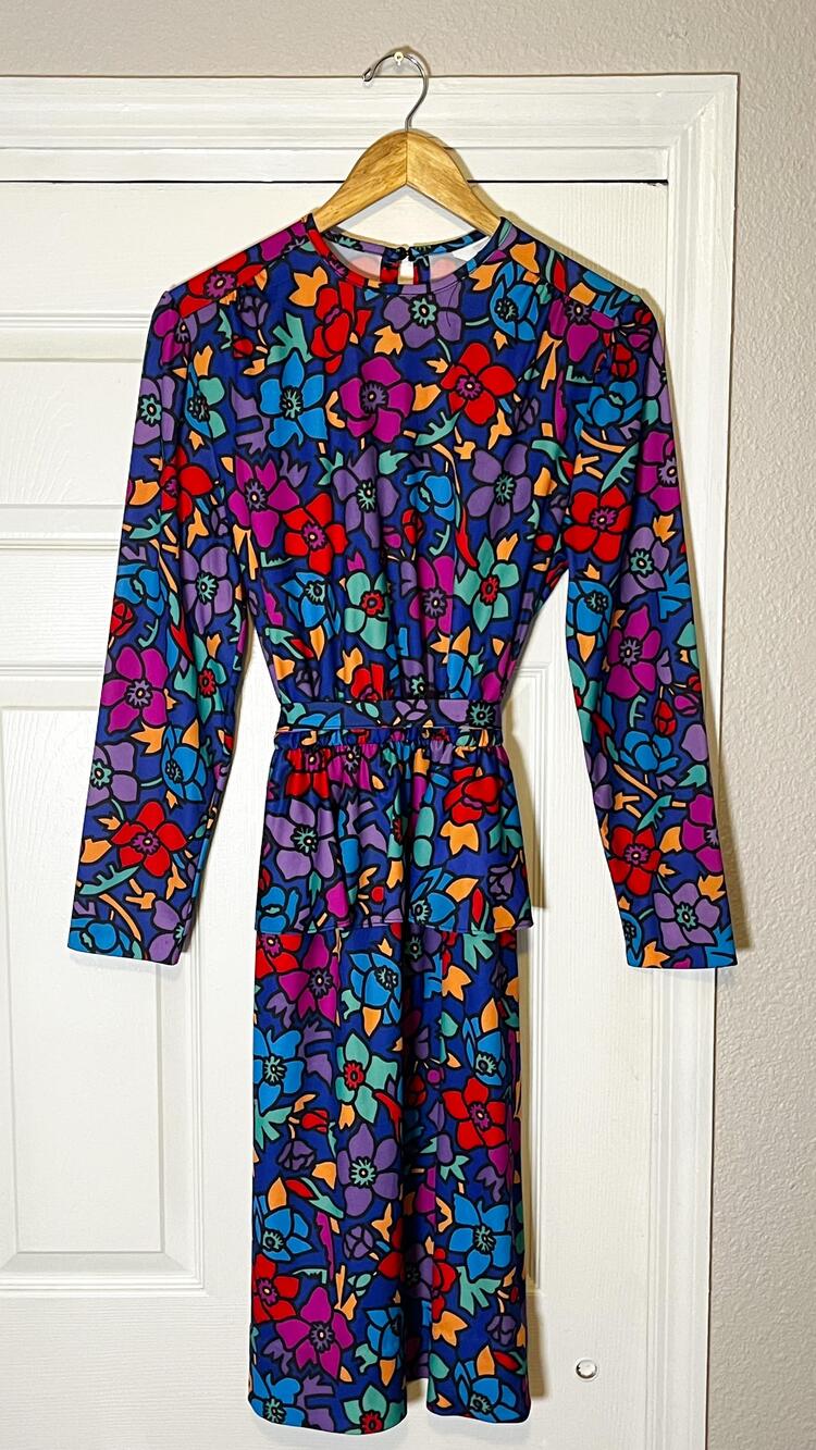 Vintage Blair Dress Womens 12 Colorful Floral Belted Long Sleeve Midi 80s USA